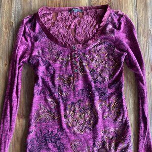 Women's M Pink Long Sleeve Lace Back Blouse with Jeweled Flower design Miss Me